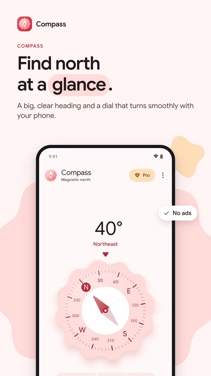 Find north at a glance: a big clear heading and a dial that turns with your phone