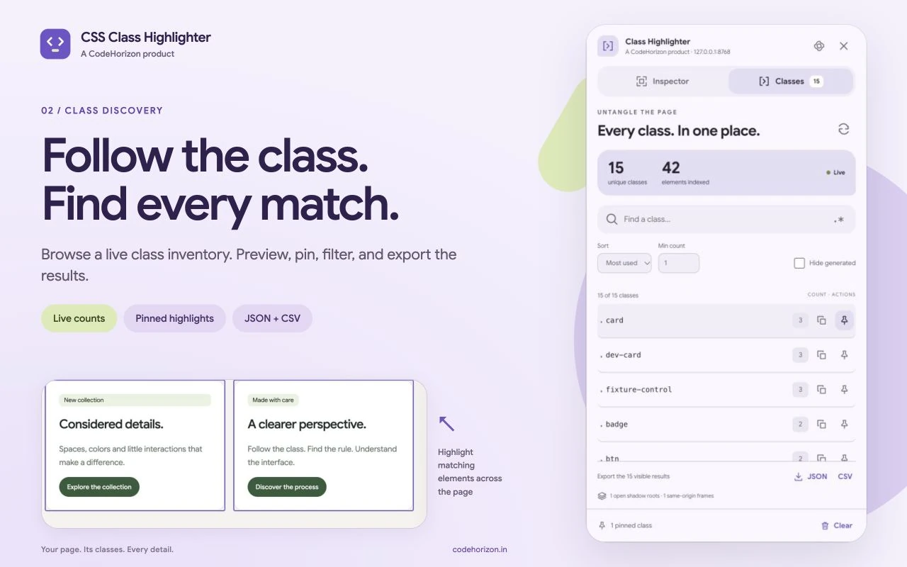 Live CSS class discovery and pinned highlights