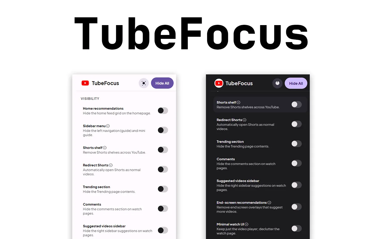 The TubeFocus popup in light and dark